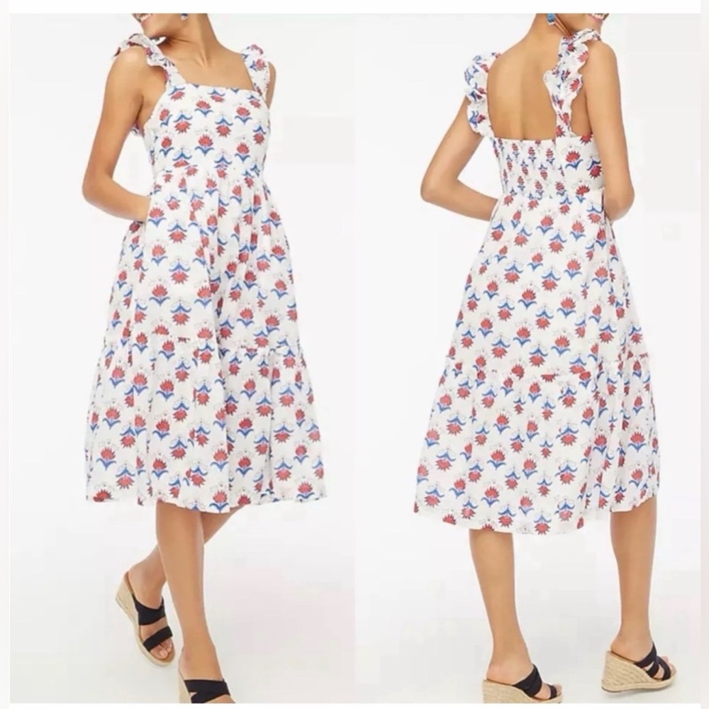 J.Crew Square Neck Midi Dress White Red Blue Floral - Picture 2 of 7